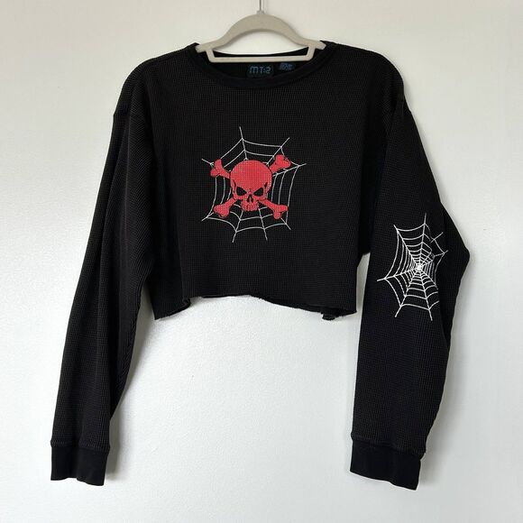 VINTAGE MT:2 Skull & Spiderweb Thermal Top Black Waffle Knit XL Reworked Cropped - Picture 6 of 11